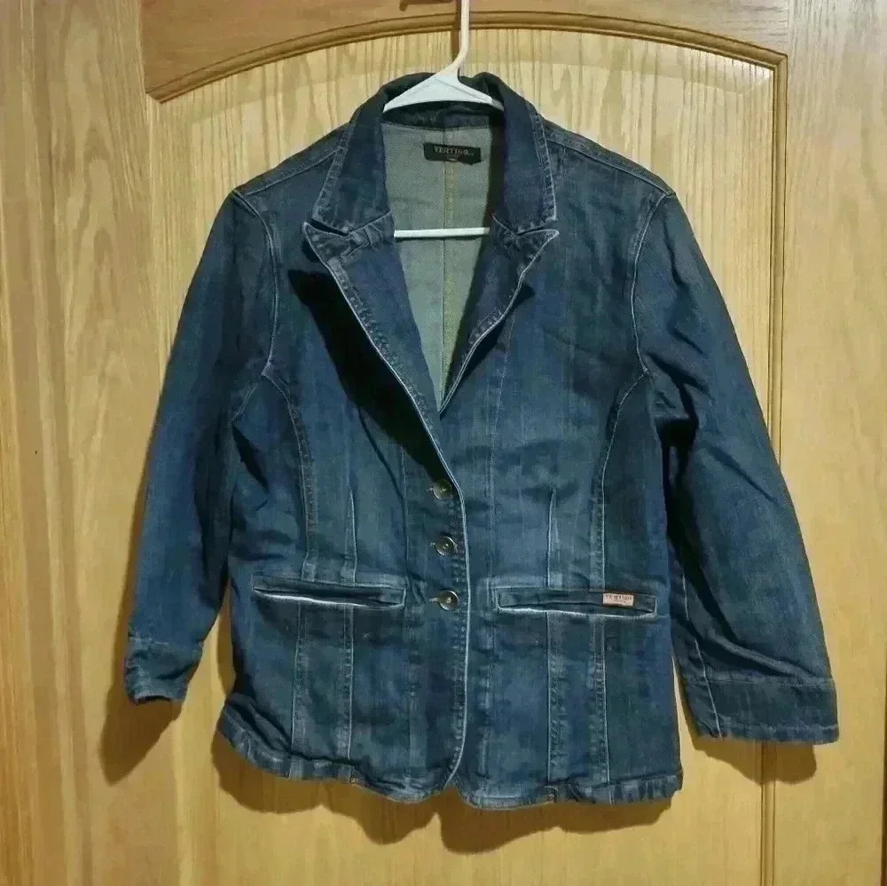 Vertigo Paris M? women's denim jean fitted jacket pockets 3 button - Picture 1 of 7